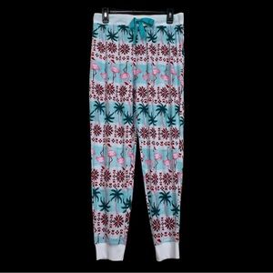 Festive Flamingo and Palm Trees Pajama Pants Drawstring Waist Large